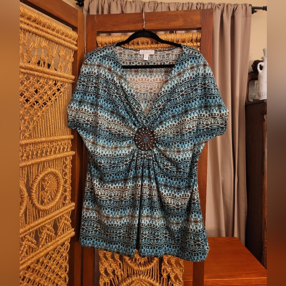 Dressbarn Women's Blue (Aqua) & Brown Patterned Medallion Top 2X